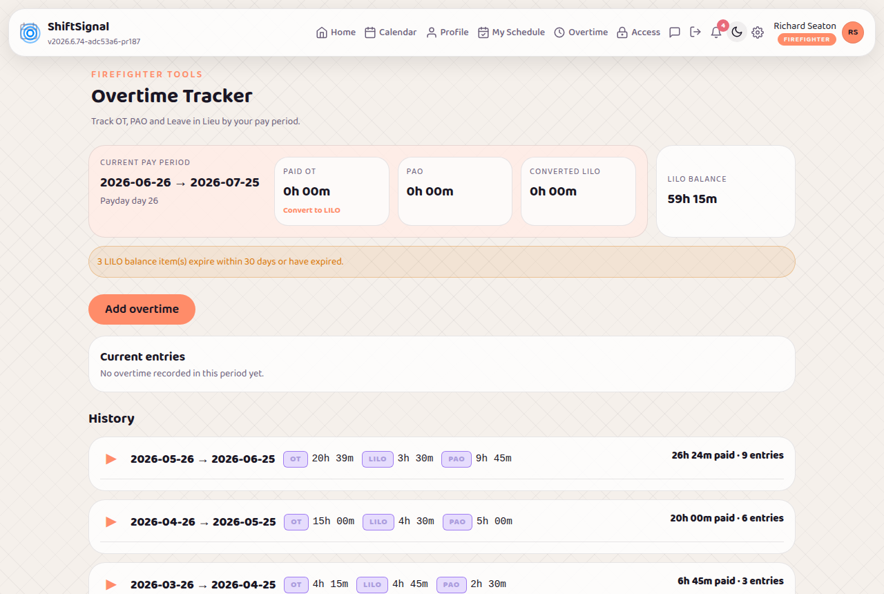 ShiftSignal Overtime Tracker screen showing OT, PAO and LILO totals, LFB salary-month entries, conversion controls and export action